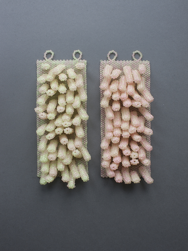 Catarina Silva, The Dancer, 2019, pair of cuffs, glass seed beads, photo copyright Pedro Sequeira. Included in the Beaded exhibition, curated by Catarina Silva and held at Institut Français in Munich during Munich Jewellery Week 2020. Catarina Silva, The Dancer, 2019, pair of cuffs, glass seed beads