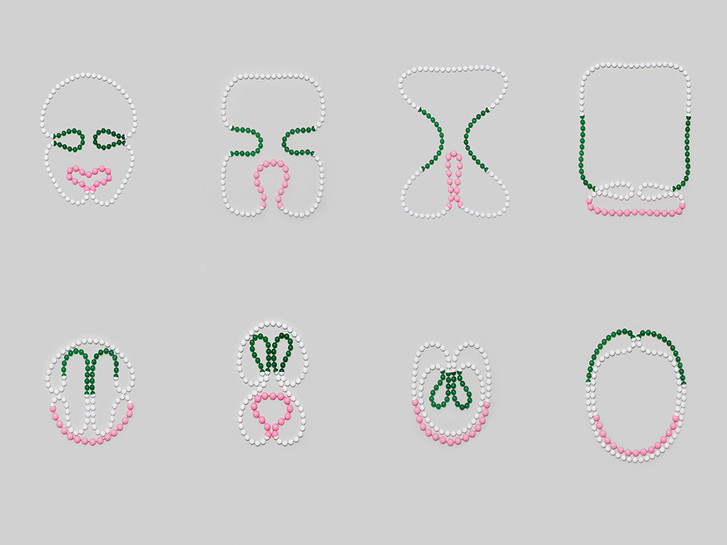 Manon van Kouswijk, “Making Face—A Jewellery Playbook,” 2018, one plastic necklace in eight appearances, photo copyright Fred Kroh. This was included in the Beaded exhibition, curated by Catarina Silva and held at Institut Français in Munich, during Munich Jewellery Week 2020 Manon van Kouswijk, “Making Face—A Jewellery Playbook,” 2018, one plastic necklace in eight appearances