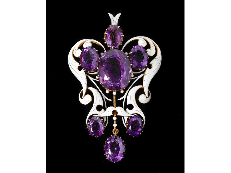 Pendant of gold, enamel, and amethyst designed by Mrs. Philip (Charlotte) Newman, 1884–1890