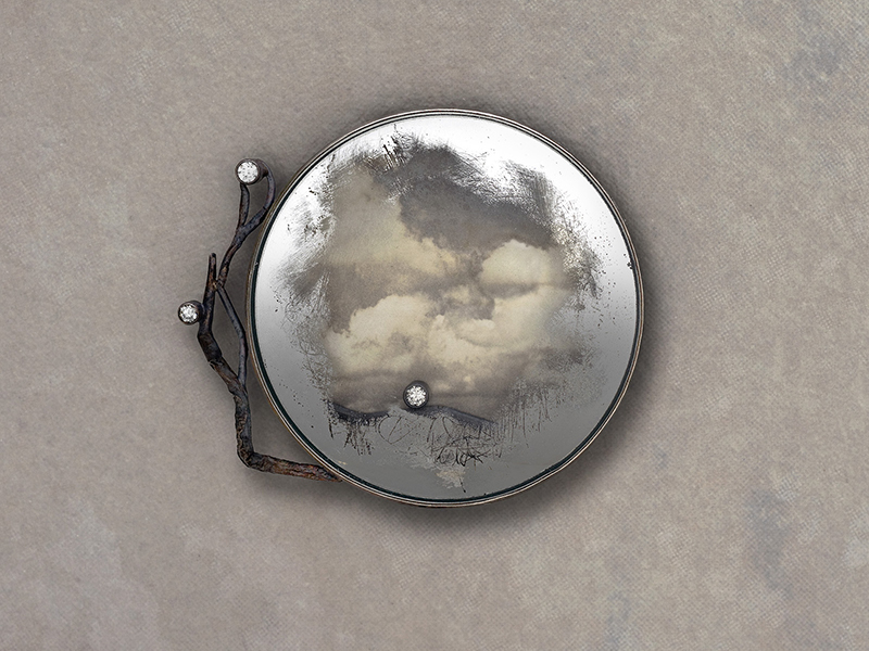 Jude Clarke, Clouds over Rome, 1903, 2018, brooch/pendant, distressed mirror, antique stereograph from 1903, sterling silver
