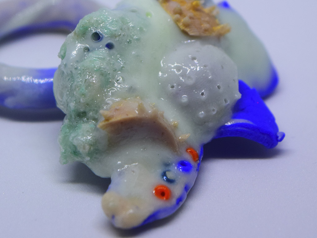 Sckye Dickinson, Urchin Ring-Blue (detail), 2021, ring, rubber, silicone, clay, photo: artist Sckye Dickinson, Urchin Ring-Blue