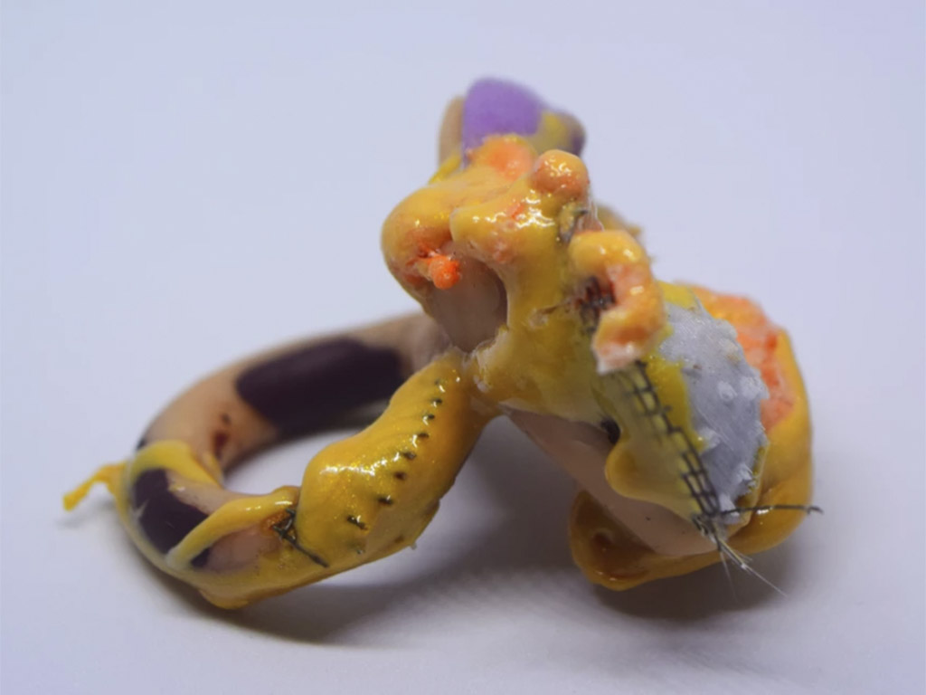 In her artist statement, Sckye Dickinson states, “Inspired by my love and interest in the water, this collection is a reflection of my birthplace, Bermuda. My objective was to create a jewelry line influenced by underwater sea life.” | Sckye Dickinson, Urchin Ring-Orange, 2021, ring, rubber, silicone, mesh, clay, photo: artist Sckye Dickinson, Urchin Ring-Orange