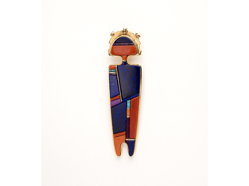 Verma Nequatewa/Sonwai, Hopi, b. 1949, Maiden Pendant, 1989, lapis lazuli, coral, turquoise, sugilite, 18-karat gold