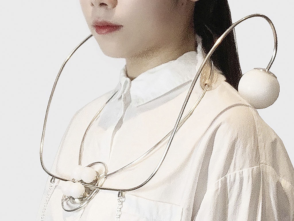 Daisy Liru Chen, The Necklace Device, from the Healing Jewellery collection (detail), 2021, object for self-care, silver, epoxy resin, leather, plush cloth, photo: artist Daisy Liru Chen, The Necklace Device, from the Healing Jewellery collection, 2021, object for self-care, silver, epoxy resin, le