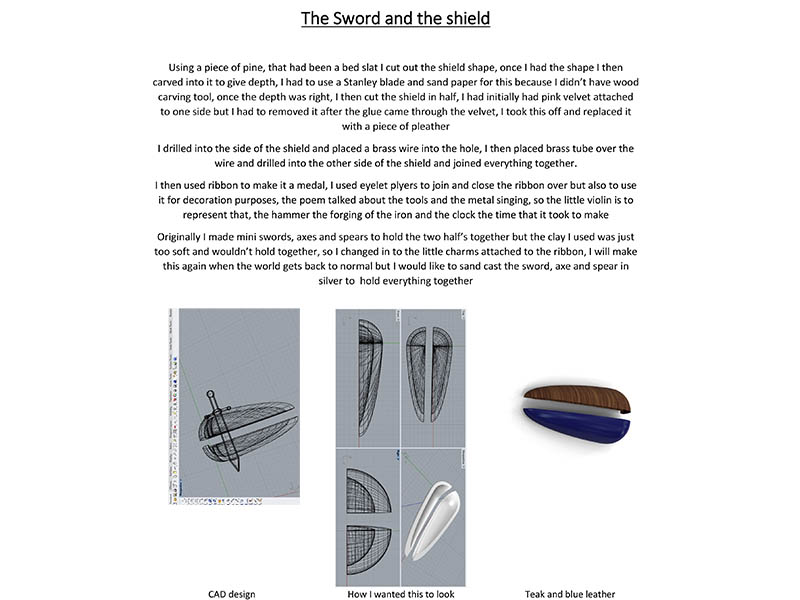 Student Lindsay Mahood’s process description for the narrative brooch The Sword and the Shield, courtesy of Lisa McGovern Student Lindsay Mahood’s process description for the narrative brooch The Sword and the Shield, courtesy of Lisa McGovern