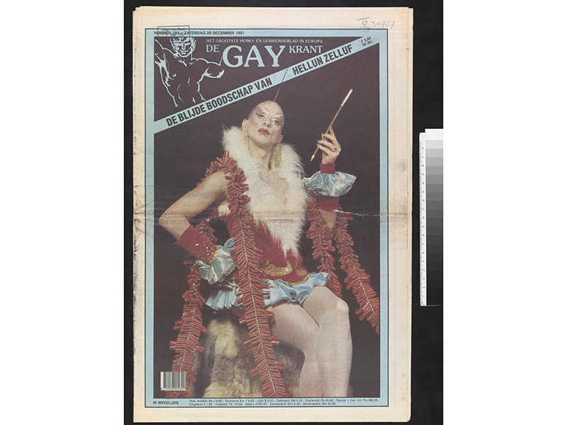 Front page of the magazine Gaykrant showing Hellun Zelluf, 1991, KB Nationale Bibliotheek, photo courtesy of CODA Front page of the magazine Gaykrant showing Hellun Zelluf