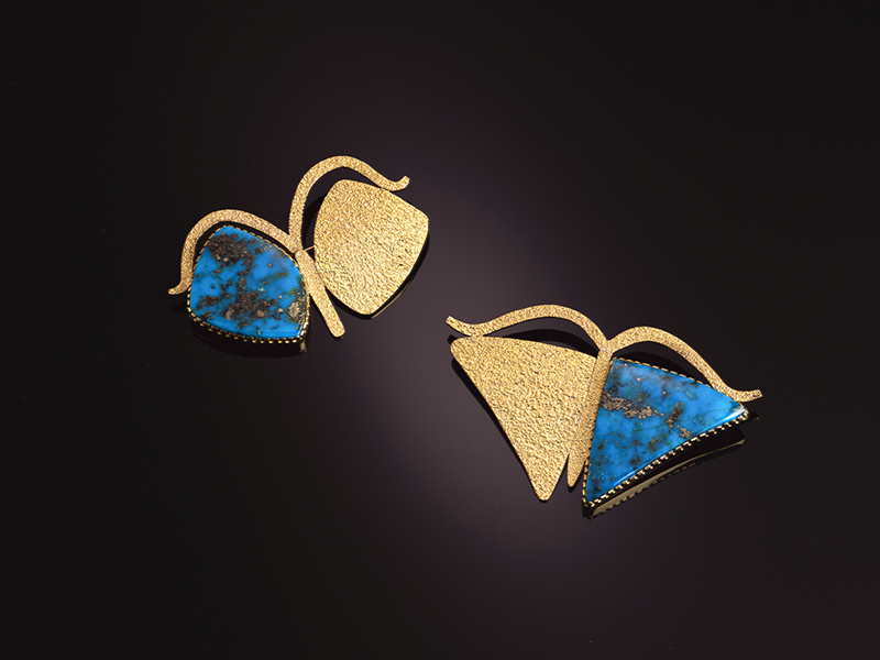 Yazzie Johnson and Gail Bird, Navajo, b. 1946, and Santo Domingo/Laguna, b. 1949, Butterfly Brooches, 2005, Morenci turquoise
