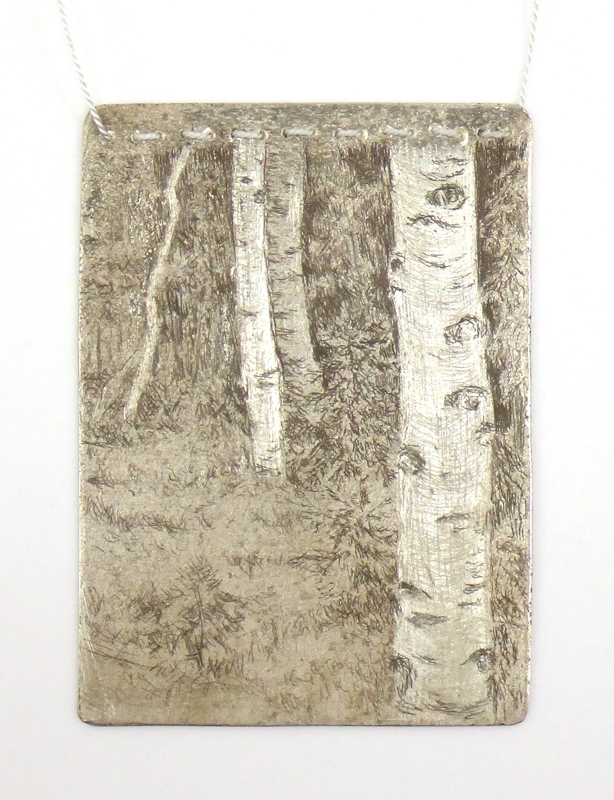 Mielle Harvey, Silver Scene Series: Birch Forest II, 2015, pendant, sterling silver, patina, wax, 51 mm, photo by artist Mielle Harvey, Silver Scene Series: Birch Forest II, 2015, pendant, sterling silver, patina, wax, 51 mm, photo by artist