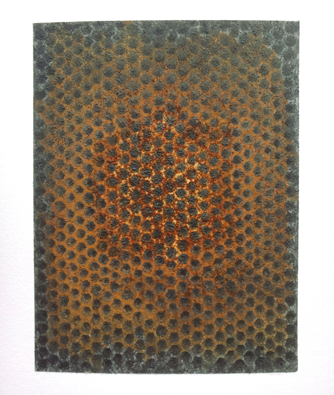 Mielle Harvey, Graphite Hive IV, 2015, work on paper, oil, paper, acrylic paint, rust, 229 x 305 mm, photo by artist Mielle Harvey, Graphite Hive IV, 2015, work on paper, oil, paper, acrylic paint, rust, 229 x 305 mm, photo by artist