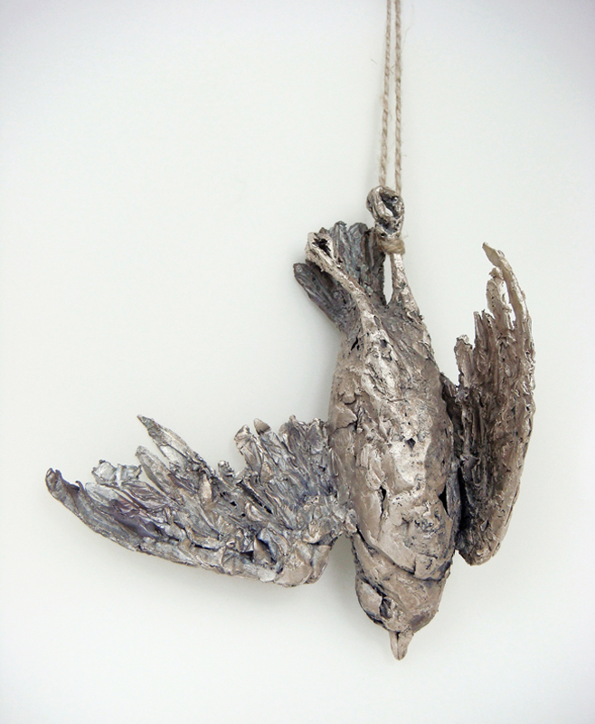 Mielle Harvey, Large Dead Bird, 2011, pendant, sterling silver, patina, hemp cord, 152 mm, photo by artist