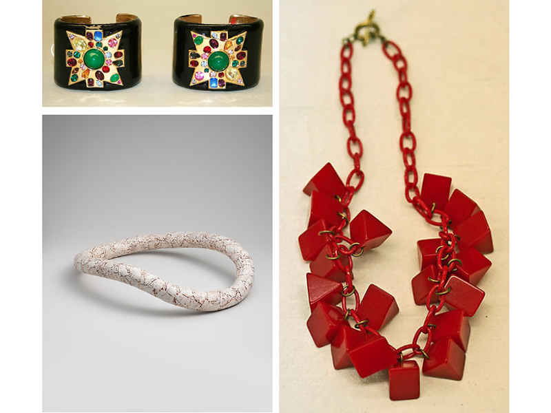 Clockwise from top left, work by Kenneth Jay Lane, a commercial manufacturer, and Thomas Gentille, photo courtesy of the Met