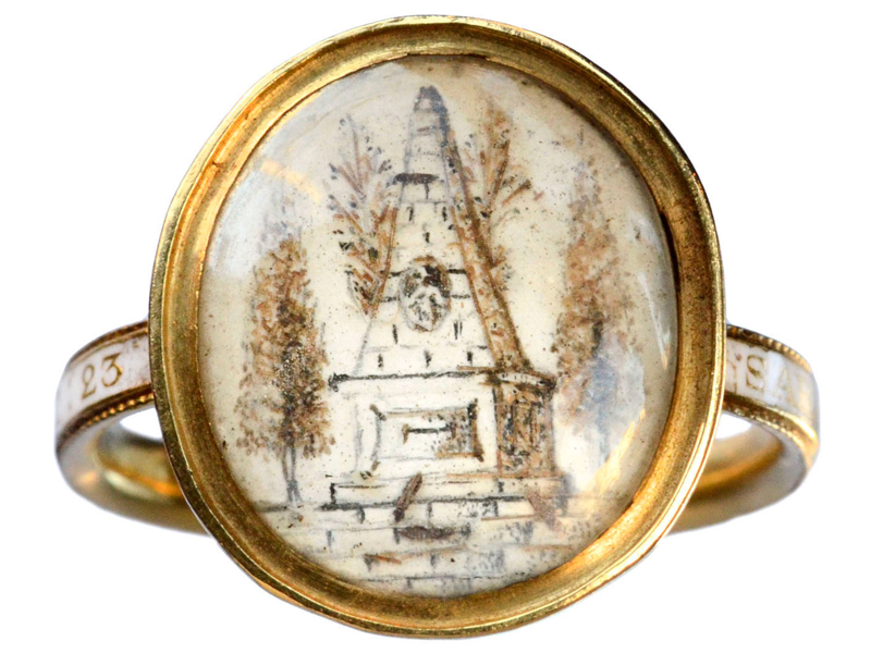 Georgian Mourning Ring, 1772, sepia ink, hair, crystal, 18-karat gold, white enamel, 16 x 14.5 mm, photo: Erie Basin