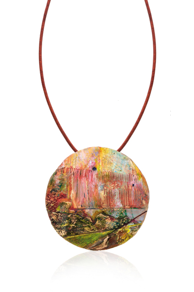 Diane Hulse, Dawning Possibility, 2014, necklace, brass, pigments, resin, leathe