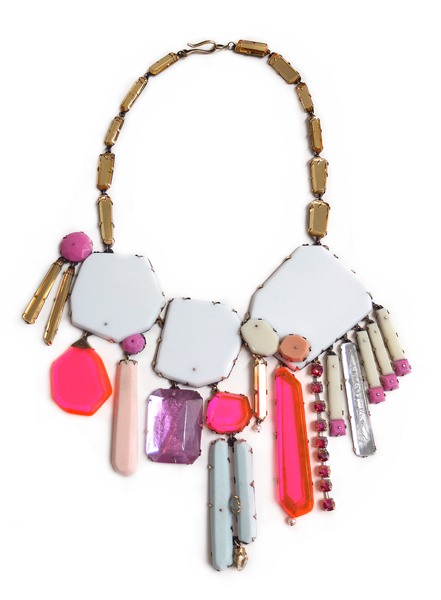 Nikki Couppee, Pink/White, 2014, necklace, Plexiglas, brass, found object, 508 x 177.8 x 25.4 mm, photo: artist