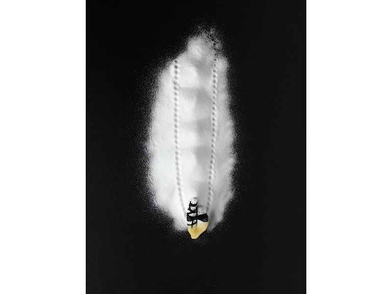 Lodie Kardouss, Curiosity #2 Necklace, 2017, polystyrene, tissue paper, hardening paste, waxed cotton, beeswax, baking soda, 200 x 50 x 40 mm, photo: Yvan Guerdon Lodie Kardouss, Curiosity #2 Necklace, 2017