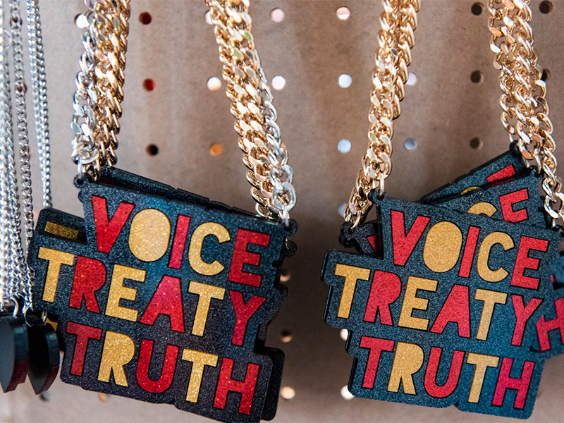 Voice Treaty Truth pendant necklaces from Haus of Dizzy, photo: Annette Ruzicka/The Guardian