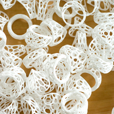 Nervous System, various rings from the Cell Cycle collection, 2009, 3D printed nylon plastic, photo: Jessica Rosenkrantz