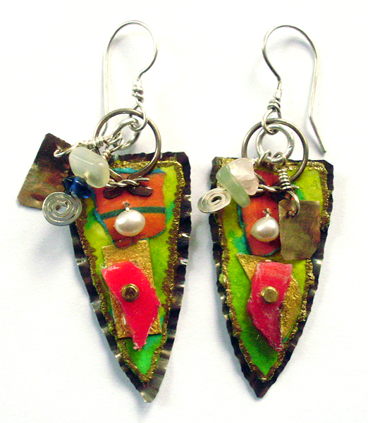 Ken Bova, Untitled, 2012, earrings, sterling silver, 14-karat gold, 23-karat gold leaf, glass, pearl, fluorite, acrylic, mixed pigment, paper, approximately 50.8 mm long, photo: artist Ken Bova