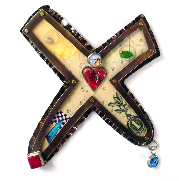 Ken Bova, The Preservation of Memory, 2012, brooch, sterling silver, 23-karat gold leaf, 18-karat gold, baby tooth, toy dice, candy wrapper, butterfly wing, chewing gum, acrylic, enamel, copper, U.S. currency, glass, watercolor, paper, 114.3 x 114.3 mm, photo: artist Ken Bova