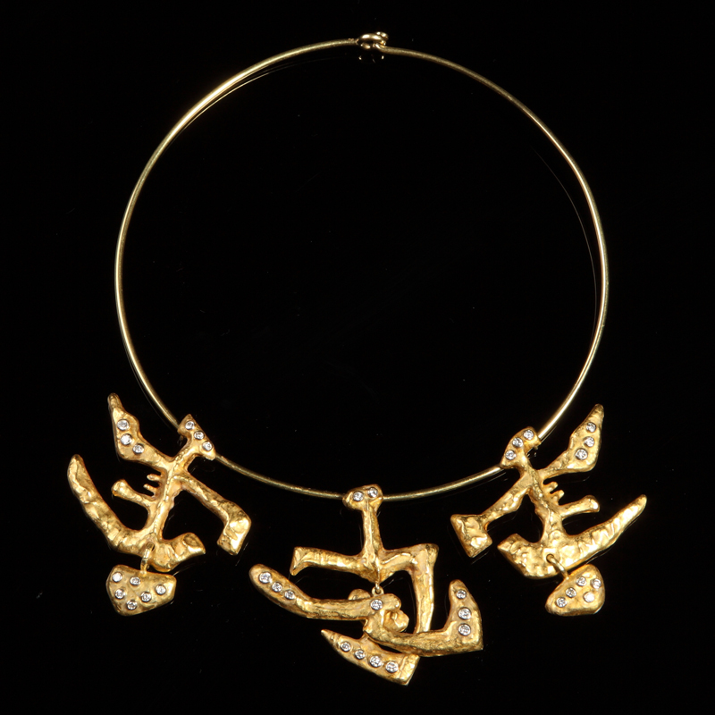 Afro Basaldella, Untitled, circa 1950, necklace, 18-karat gold, diamond, made in the workshop of Mario Masenza, central pendant 50 x 60 mm, diameter of torque 125 mm, photo: Didier Ltd