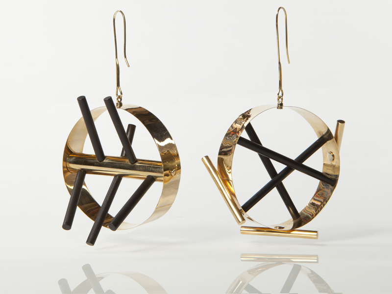 Ettore Sottsass, Untitled, circa 2000, earrings, 18-karat gold, ebony rods, produced in an edition of nine by Cleto Munari, height 110 mm, 60 mm diameter, photo: Didier Ltd