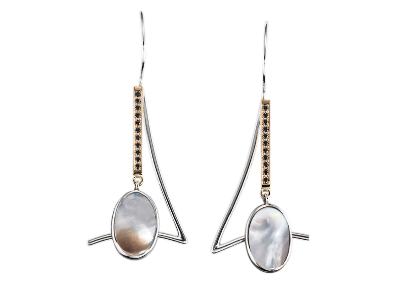 Janis Kerman, Untitled, 2015, earrings, sterling silver, 18-karat gold, mother-of-pearl, black diamonds, 22 x 51 mm, photo: Dale Gould