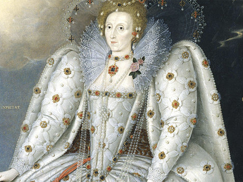 Queen Elizabeth drips with pearls in Marcus Gheeraerts the Younger, Queen Elizabeth I (The Ditchley Portrait), ca. 1592, image v