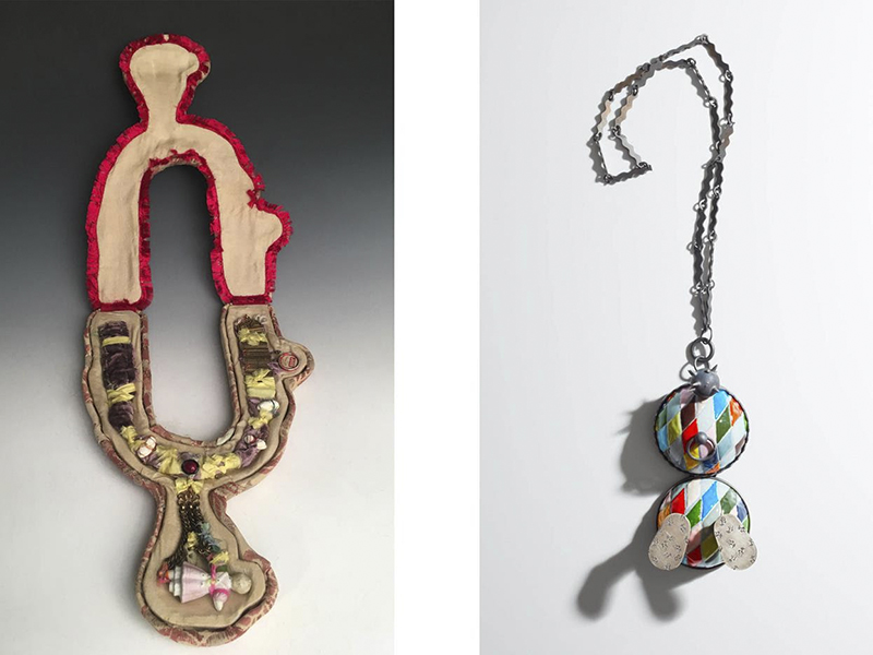 (Left) necklace with box by Samuel Gassman, (right) Aaron Decker, Little Bomb