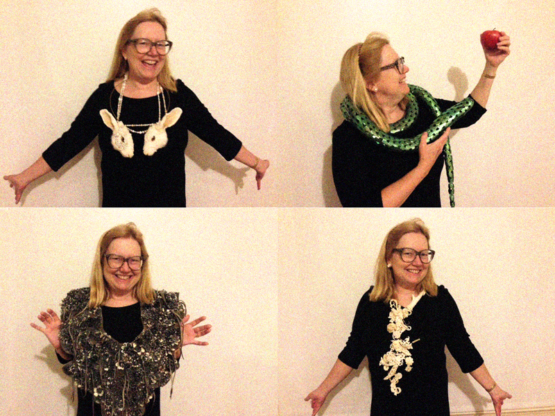 AJF member and collector Marion Fulk with jewelry from her collection Marion Fulk