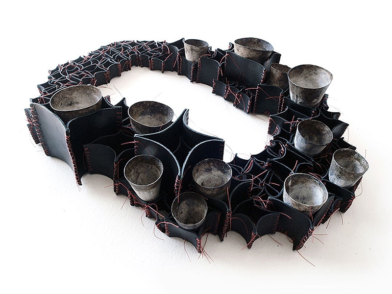Niki Stylianou, Landscape, Leather Necklace #1, from the series Mapping—Traces Made Solid, 2017, hand-cut and -stitched leather, thread, copper, bronze, pigments, patina, 350 x 450 mm, photo: artist Niki Stylianou, Landscape, Leather Necklace #1