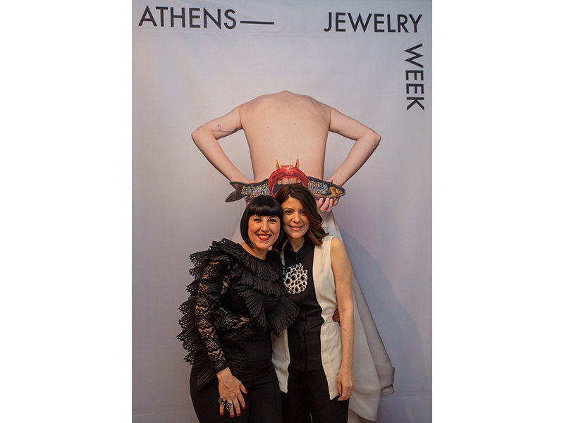Erato Kouloubi and Niki Stylianou, Anticlastics members and the organizers of Athens Jewelry Week, celebrate during the AJW19 Central Exhibition opening reception, 2019, photo: Orestis Rovakis Erato Kouloubi and Niki Stylianou