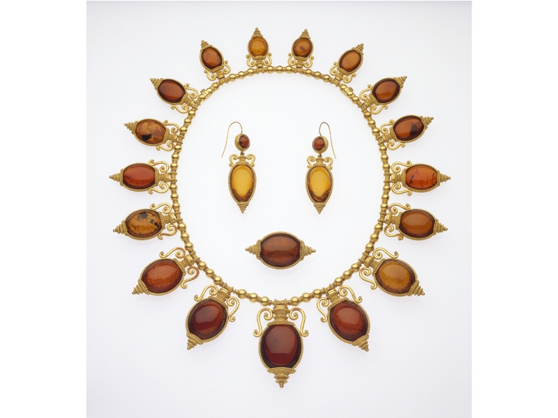 Necklace, brooch, and earrings in the archaeological revival style, Castellani (Italian, 1814–1930), about 1880, gold and amber, bequest of William Arnold Buffum, photo © Museum of Fine Arts, Boston Necklace, brooch, and earrings in the archaeological revival style, Castellani