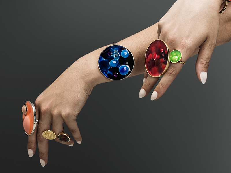 MWM Designs, Viva Gotita, 2017, cuff and rings, vermeil, sterling silver, hand-tinted resin, reclaimed vintage jewelry, gemstones, 38 mm and 51 mm in diameter, photo: Jeremy Kirby MWM Designs, Viva Gotita