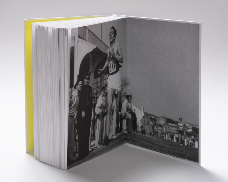 End papers of Contemporary Jewellery in Portugal: From the Avant-Garde of the 1960s to the Early 21st Century, by Cristina Filipe, showing Ramiro Filipe crossing the finish line at the Junior Cross Country National Championship, Campo Grande racetrack, Lisbon, 1956, photo courtesy of Ramiro Filipe End papers of Contemporary Jewellery in Portugal