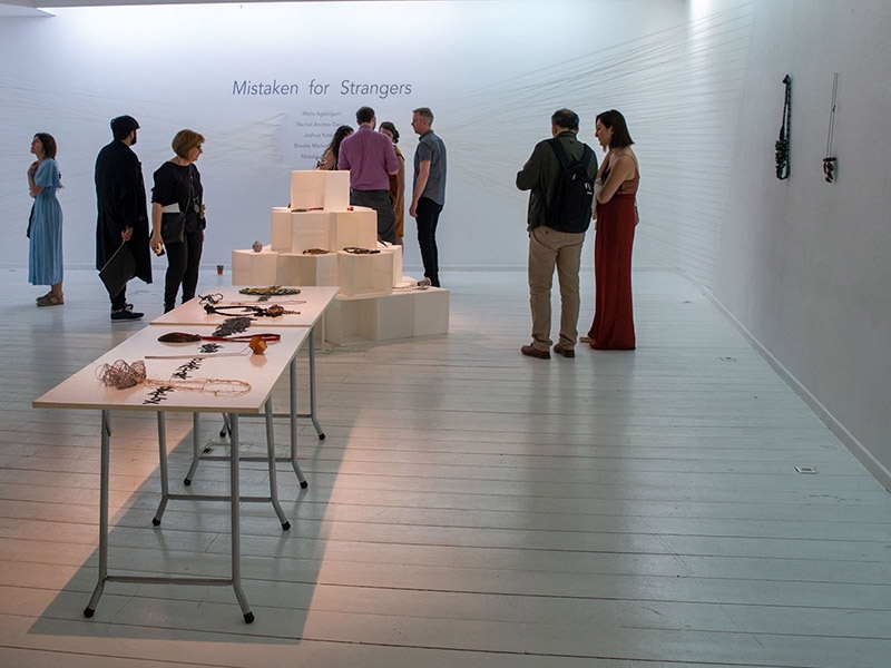 Opening reception of US-based collective 6X: Mistaken For Strangers at the taf | The Art Foundation, featuring works by Joshua Kosker, Rachel Andrea Davis, Masako Onodera, Melis Agabigum, Brooke Marks-Swanson, and Jina Seo, 2019, photo: Orestis Rovakis Opening reception of US-based collective 6X: Mistaken For Strangers