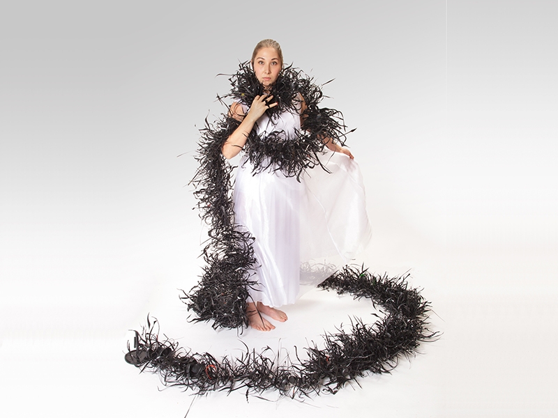 Harriete Estel Berman, Black Plastic Gyre Necklace Boa Constrictor, 2018, black plastic single-use waste, monofilament, 229 mm x 356 mm x 7.9 m, photo: Philip Cohen Harriete Estel Berman, Black Plastic Gyre Necklace Boa Constrictor