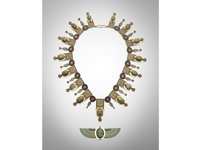 Necklace and Brooch (group shot), Castellani (Italian, 1814–1930), Italian, about 1860, gold, glass, and scarabs, private collection, courtesy Museum of Fine Arts, Boston Necklace and Brooch (group shot), Castellani