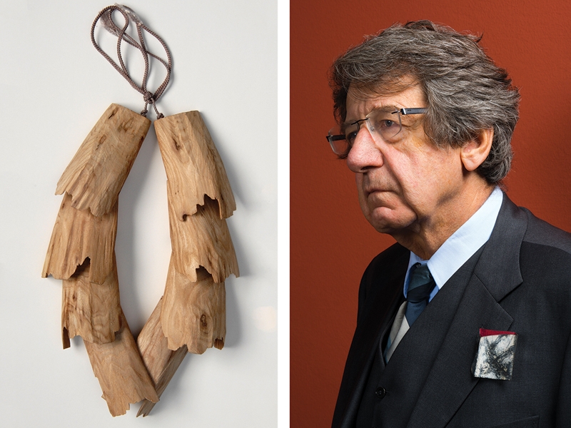(left) Dorothea Prühl, Habicht, 2006, necklace, elm wood, height: 400 mm, Neue Sammlung—The Design Museum, Munich, gift of Dorothea Prühl, photo: A. Laurenzo Photo/Die Neue Sammlung; (right) Karl Bollmann wearing Graffiti brooch by Annamaria Zanella, 1990–1999, photo: MAK/Austrian Museum of Applied Art/Contemporary Arts/Nathan Murrell Photo