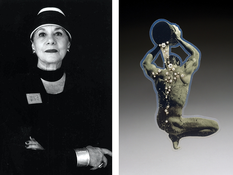 (left) Helen Williams Drutt wearing earrings, necklace, brooch, cuff, and ring, all from her collection, photo: Andrea Baldeck; (right) Gijs Bakker, Waterman Brooch, 1990, PVC, photograph, diamonds, 152 x 67 x 6 mm, Museum of Fine Arts, Houston, Drutt Collection, photo: artist/ARS NY