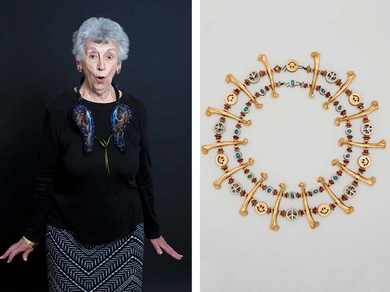 (left) Lois Boardman wearing I Earned My Wings neckpiece of taxidermy parakeet wings by Afke Golsteijn, 2013, photo: Miriam Künzli/Art Aurea; (right) Nancy Worden, Gilding the Past, 2001, necklace, gold-plated copper and coin silver, bone, coral, turquoise, brass, cotton, 438 x 451 x 19 mm, LACMA, Lois and Bob Boardman Gift, photo: Museum Associates/LACMA