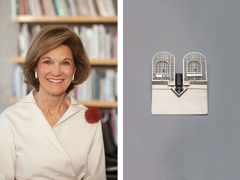 (left) Deedie Potter Rose wearing an iron and enamel brooch by Bettina Dittlmann, circa 2004–2006, photo: Dallas Museum of Arts; (right) Anton Cepka, Brooch, 1976, silver, plastic, 8.57 x 6.99 x 1.27, Dallas Museum of Art, Rose-Asenbaum Collection, Edward W. and Deedie Potter Rose gift, photo: Dallas Museum of Art