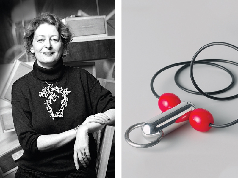 (left) Marjan Unger wearing Sketch for Sleeping Beauty II necklace by Robert Smit, 1990, photo: Michaël Ferron Photo/Rijksmuseum, Amsterdam, Marjan and Gerard Unger Collection; (right) Paul Derrez, Face, 1994, plastic, aluminum, rubber, 70 x 60 x 25 mm, Rijksmuseum, Unger Collection, photo: Rijksmuseum
