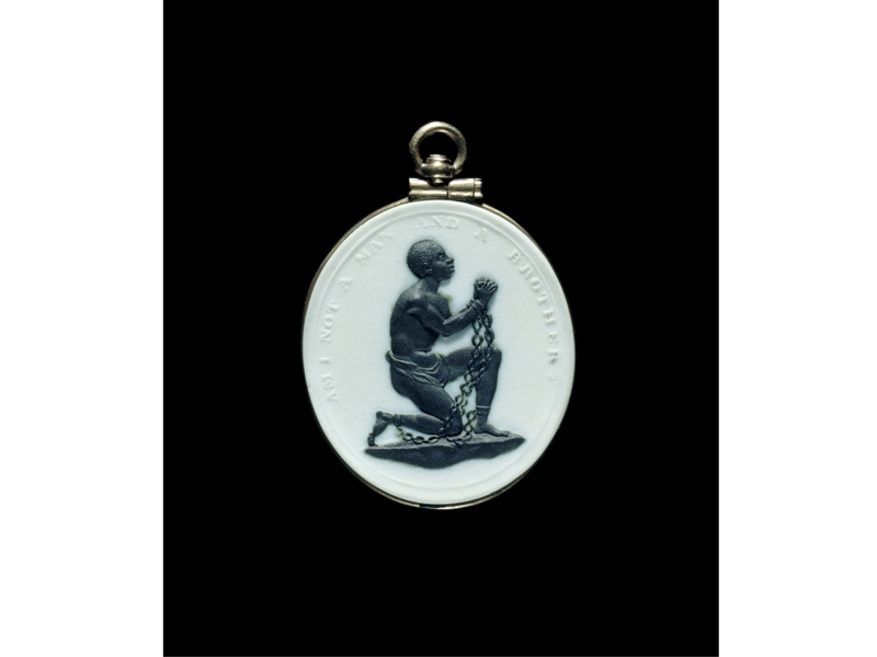"Slave-in-Chains" medallion, Wedgwood Manufactory (Staffordshire, England), 1786–87, stoneware (jasperware), basalt, gold, bequest of Mrs. Richard Baker, photo © Museum of Fine Arts, Boston "Slave-in-Chains" medallion, Wedgwood Manufactory