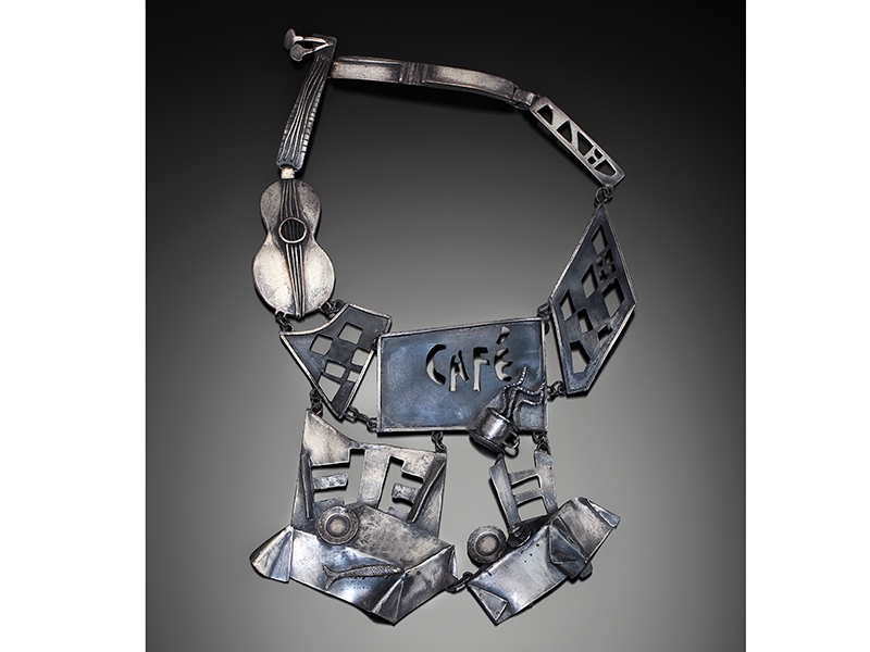 Laurie Hall, Cubist Café, 1987, fabricated sterling silver, oxidized finish, 324 x 165 mm, Bequest of the Estate of Mia McEldowney, Tacoma Art Museum, 2014.19.14, photo: Doug Yaple Laurie Hall, Cubist Café