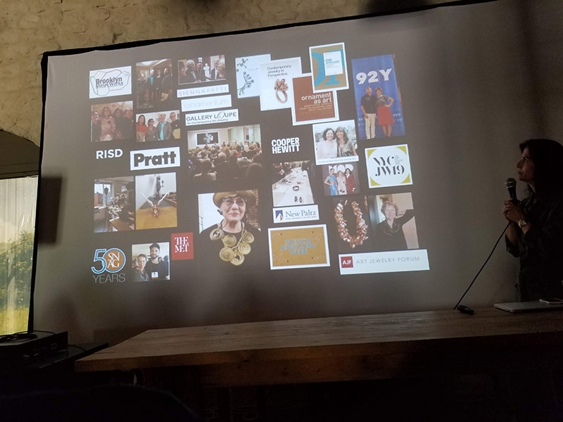 A slide showing all the different organizations, institutions, and historians that support the jewelry community in New York City, shown during a presentation at Schmucksymposium Zimmerhof 2019, photo: Brian Weissman A slide showing all the different supporters