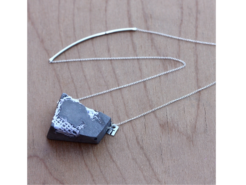 Natalie Macellaio and Lesli Robertson, Trestle Designs Josephine Pendant, produced 2013–2016, concrete, fine silver, handwoven fragment, photo: Natalie Macellaio Natalie Macellaio and Lesli Robertson