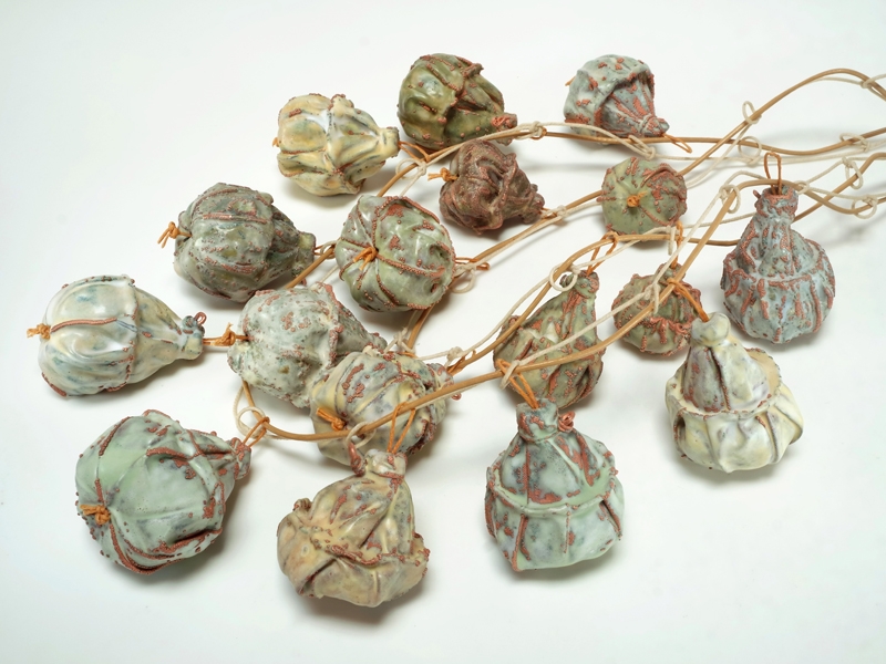 Deborah Lozier, Promise #3, 2018, necklace, enamel on electroformed copper mesh, waxed cotton string, leather cord, waxed linen, 305 x 203 x 38 mm, photo: artist Deborah Lozier, Promise #3
