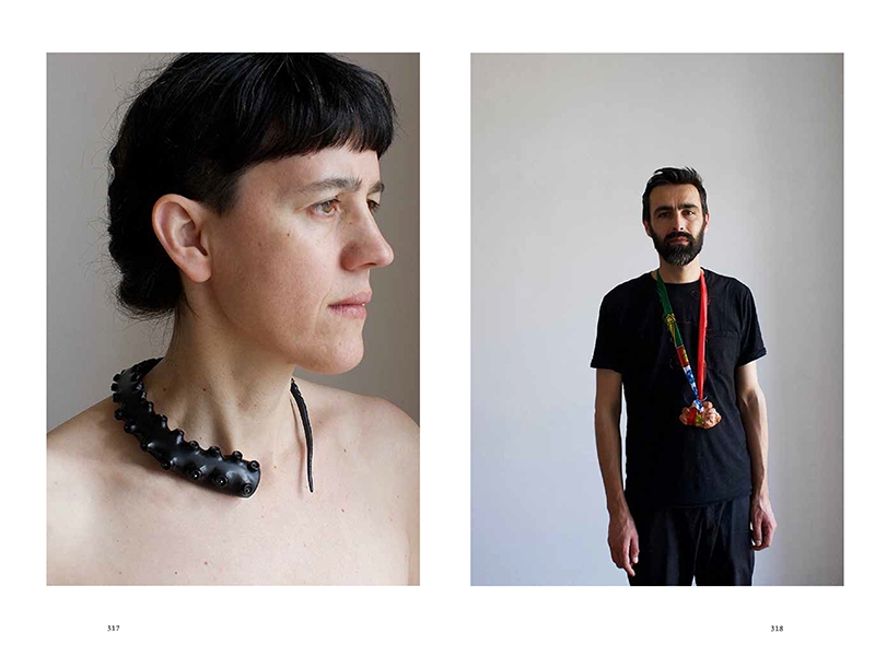 Pages 317 and 318 of Contemporary Jewellery in Portugal, by Cristina Filipe, featuring work by (left) Carla Castiajo (b. 1974), Octopearl (prototype), 2000, necklace, pearls, rubber, 400 x 27 x 25 mm, modeled by the artist, photo: Pedro Sequeira; (right), Pedro Sequeira (b. 1976), Untitled, 2005, neck piece, strip of Portuguese flag and brick, brick 108 x 67 x 73 mm, strip: 400 x 50 mm, modeled by the artist, photo: Tiago Moreira Pages 317 and 318 of Contemporary Jewellery in Portugal