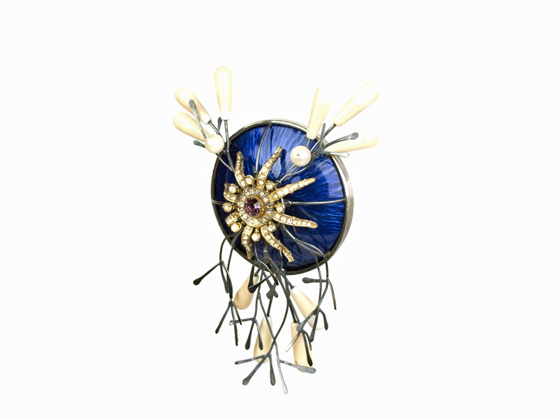 Curtis Arima, Shifting Hierarchy Royal Blue Brooch, 2014, recycled silver, copper, enamel, recycled gold, found objects, photo: artist Curtis Arima, Shifting Hierarchy Royal Blue Brooch