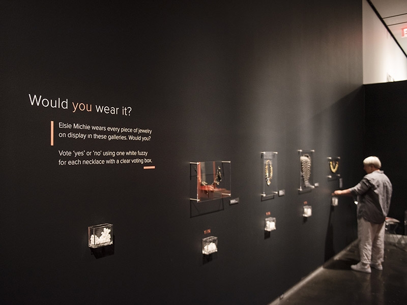 Exhibition view, interactive area at Adore | Adorn: The Elsie Michie Contemporary Jewelry Collection, 2019, LSU Museum of Art, Baton Rouge, LA, USA, photo: Charlie Champagne Exhibition view, interactive area at Adore | Adorn